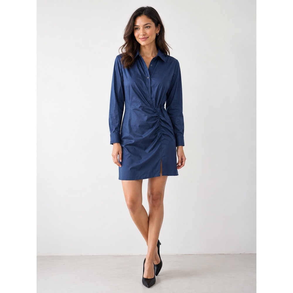 Milly Navy Ruched Stretch Cotton Poplin Mini Shirt Dress Size 10 Classic Staple